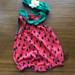 Strawberry bubble romper with headband